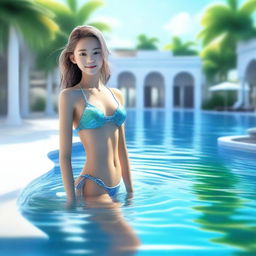 A high-quality 3D illustration showcasing a beautiful girl dressed in a bikini, standing in a crystal-clear swimming pool