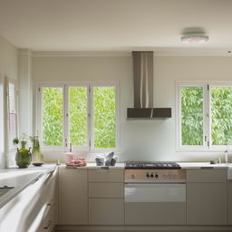 L-shaped kitchen interior with two small windows, delicate glass shutters, and a modern chimney, daylight ambiance.