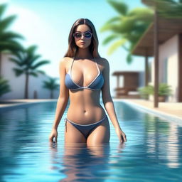 A high-quality 3D illustration featuring a stunning and attractive girl in a bikini, standing in a tranquil swimming pool