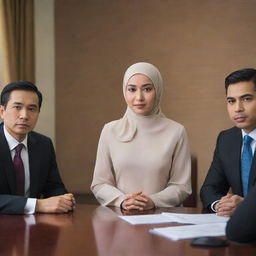 A hyperrealistic image of a Chinese boss in formal office attire, leading a meeting. An Indian woman, a Malay woman in a hijab, and a Malay man, all in professional attire, attentively listen. All are seated, except for the boss who is presenting.