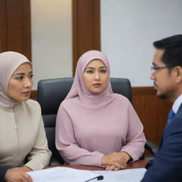 A hyperrealistic image of a Chinese boss in formal office attire, leading a meeting. An Indian woman, a Malay woman in a hijab, and a Malay man, all in professional attire, attentively listen. All are seated, except for the boss who is presenting.