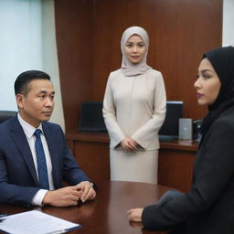 A hyperrealistic image of a Chinese boss in formal office attire, leading a meeting. An Indian woman, a Malay woman in a hijab, and a Malay man, all in professional attire, attentively listen. All are seated, except for the boss who is presenting.