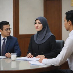 A hyperrealistic image of a Chinese boss in formal office attire, leading a meeting. An Indian woman, a Malay woman in a hijab, and a Malay man, all in professional attire, attentively listen. All are seated, except for the boss who is presenting.