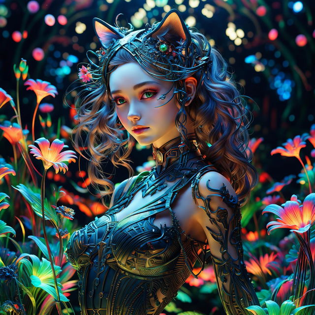 A close-up, hyper-realistic 3D photograph of a Rococo-inspired cyberpunk cat woman with pronounced feline features, facing right. She is surrounded by a fantasy aesthetic of bioluminescent flowers, vibrant colours, and stunning lighting effects.