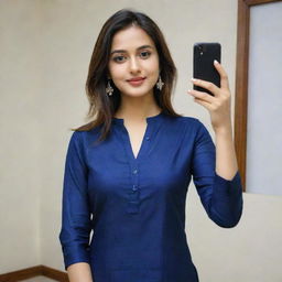 A beautiful girl taking a selfie in a dark blue kurta and pants.