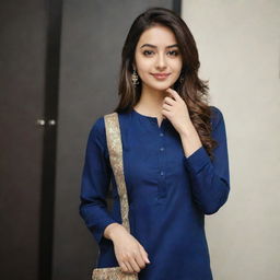 A beautiful girl taking a selfie in a dark blue kurta and pants.