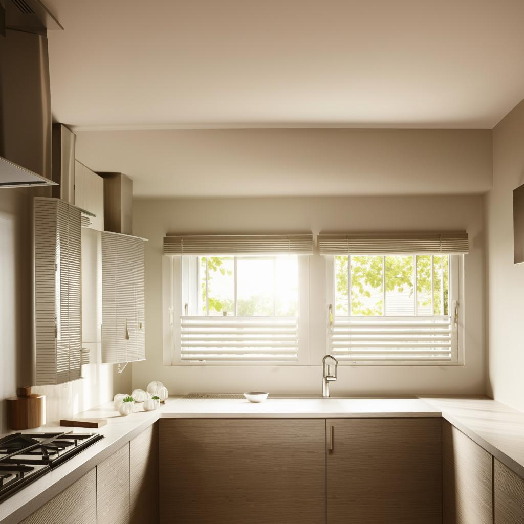 L-shaped kitchen interior with two small windows, delicate glass shutters, and a modern chimney, daylight ambiance.