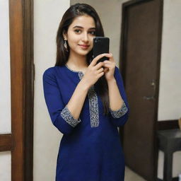 A beautiful girl taking a selfie in a dark blue kurta and pants.