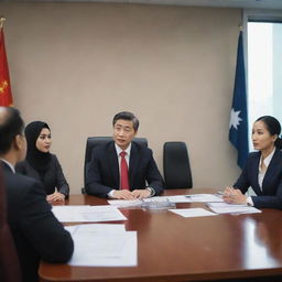 A highly realistic, non-cartoon image of a Chinese boss in office attire, presenting in a meeting room. Focused attendees include an Indian woman, a Malay woman wearing a hijab, and a Malay man. All are seated except for the presenting boss. No flags.