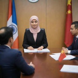 A highly realistic, non-cartoon image of a Chinese boss in office attire, presenting in a meeting room. Focused attendees include an Indian woman, a Malay woman wearing a hijab, and a Malay man. All are seated except for the presenting boss. No flags.