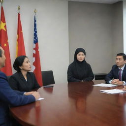 A highly realistic, non-cartoon image of a Chinese boss in office attire, presenting in a meeting room. Focused attendees include an Indian woman, a Malay woman wearing a hijab, and a Malay man. All are seated except for the presenting boss. No flags.