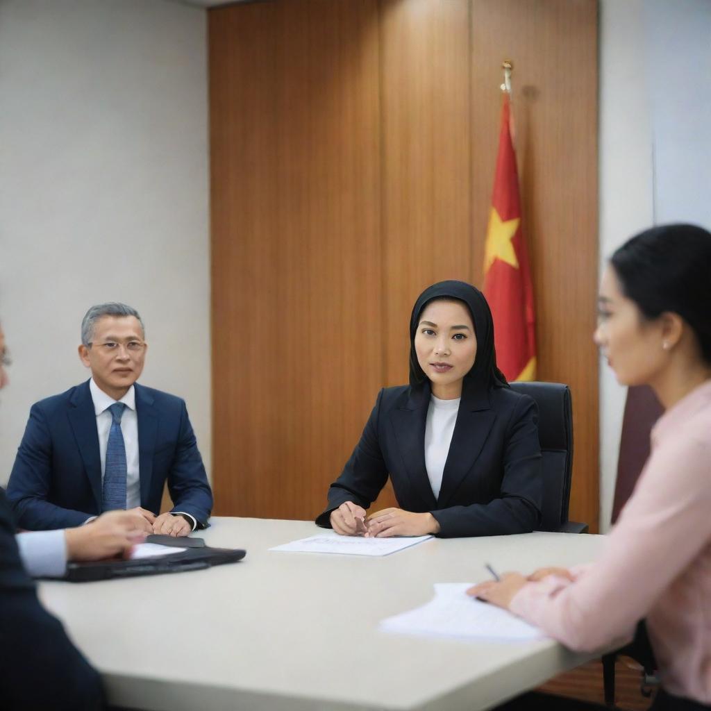 A highly realistic, non-cartoon image of a Chinese boss in office attire, presenting in a meeting room. Focused attendees include an Indian woman, a Malay woman wearing a hijab, and a Malay man. All are seated except for the presenting boss. No flags.