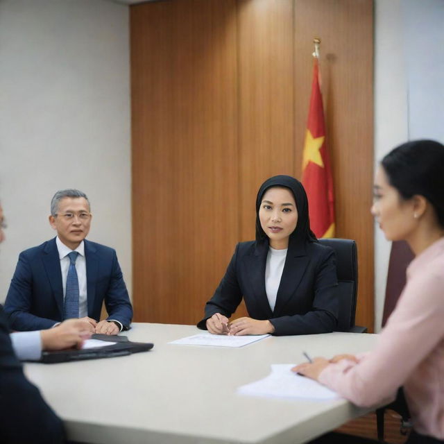 A highly realistic, non-cartoon image of a Chinese boss in office attire, presenting in a meeting room. Focused attendees include an Indian woman, a Malay woman wearing a hijab, and a Malay man. All are seated except for the presenting boss. No flags.