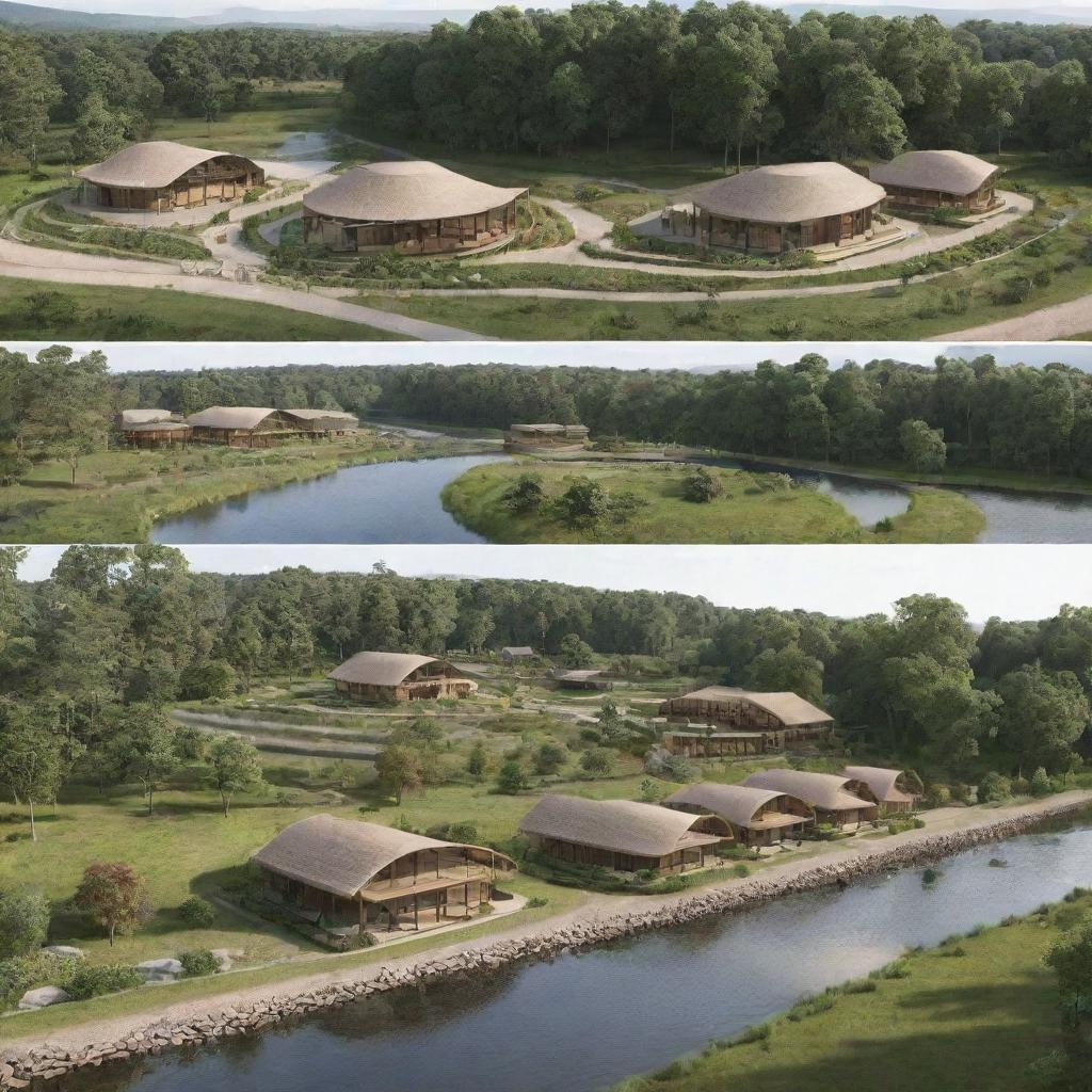 Generate a 1-hectare glamping site featuring a lobby building, a restaurant, a prayer room, and a service building. Infuse green architecture into each structure. The site has a river flowing along the northern edge.