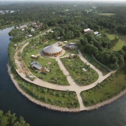 Generate a 1-hectare glamping site featuring a lobby building, a restaurant, a prayer room, and a service building. Infuse green architecture into each structure. The site has a river flowing along the northern edge.