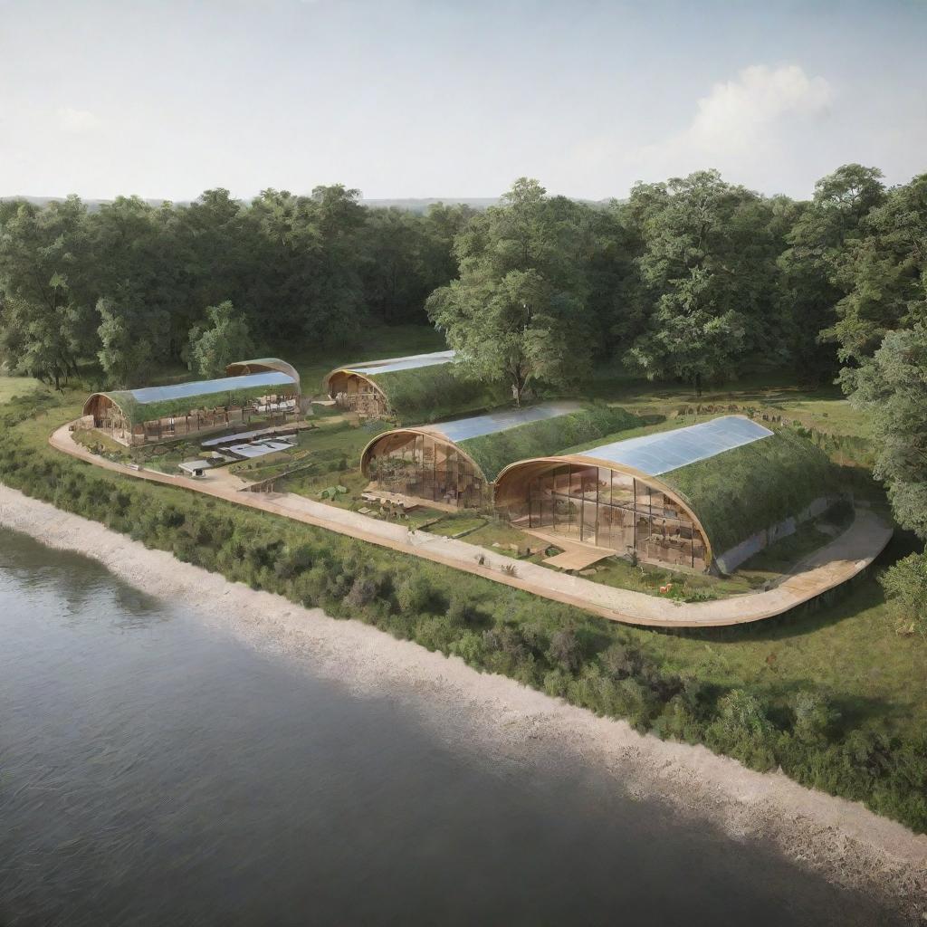 Generate a 1-hectare glamping site featuring a lobby building, a restaurant, a prayer room, and a service building. Infuse green architecture into each structure. The site has a river flowing along the northern edge.