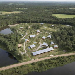 Generate a 1-hectare glamping site featuring a lobby building, a restaurant, a prayer room, and a service building. Infuse green architecture into each structure. The site has a river flowing along the northern edge.