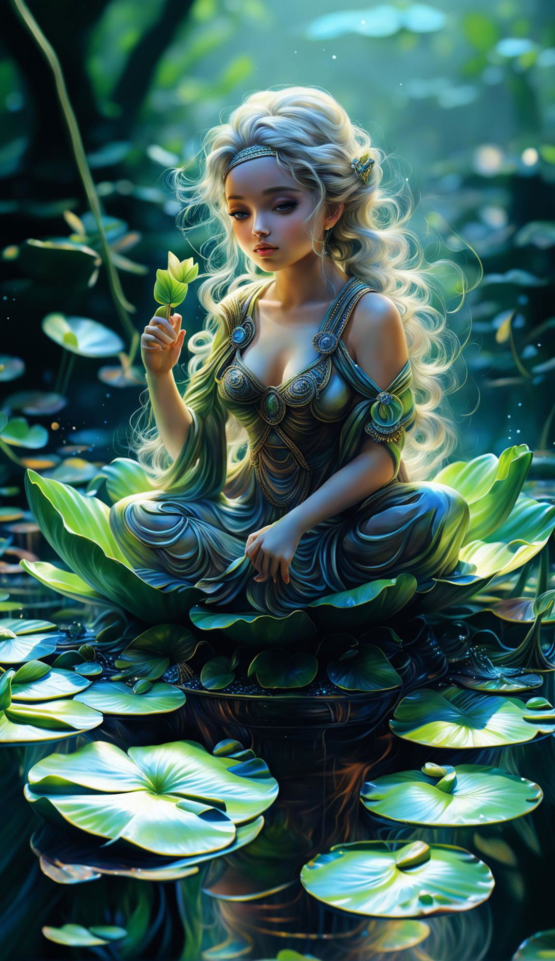 Intricate digital art of a tiny goddess on a lotus leaf in a river, with sharp, detailed, and awe-inspiring composition in an ethereal environment.