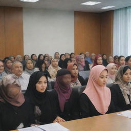 A highly realistic image of a Chinese boss in office attire, speaking at the front of a meeting room. The room is filled with attendees, including many Indian and Malay women in hijabs and Malay men. All attendees are seated. No flags present.