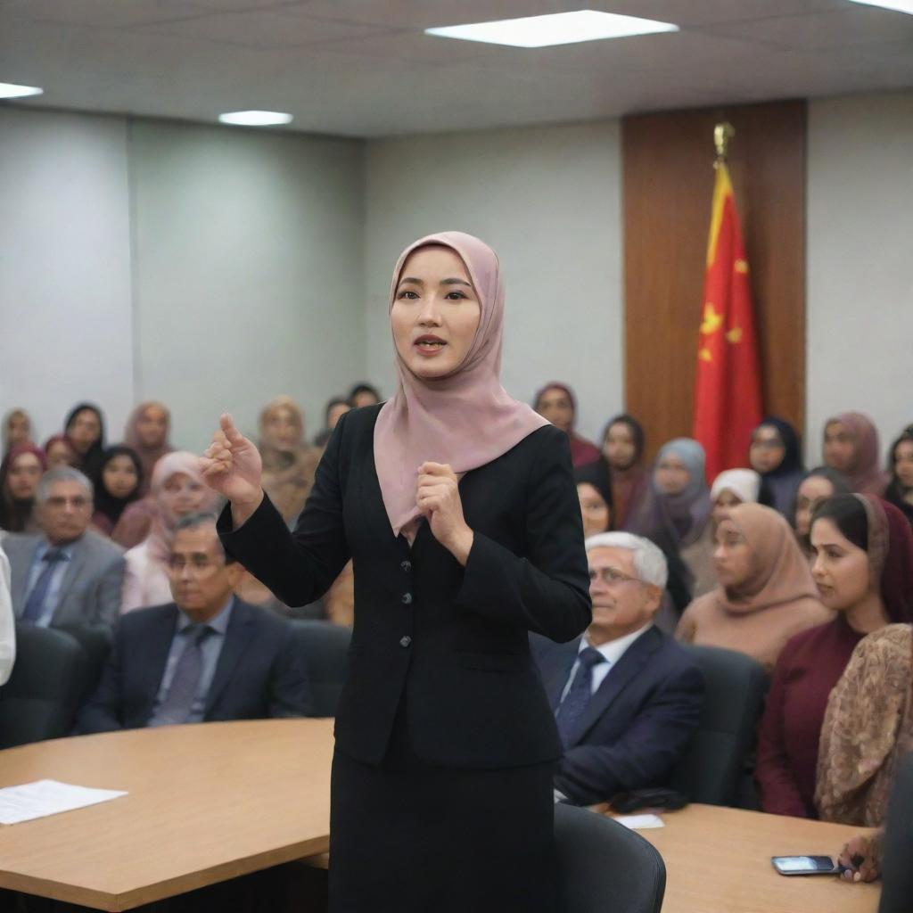 A highly realistic image of a Chinese boss in office attire, speaking at the front of a meeting room. The room is filled with attendees, including many Indian and Malay women in hijabs and Malay men. All attendees are seated. No flags present.