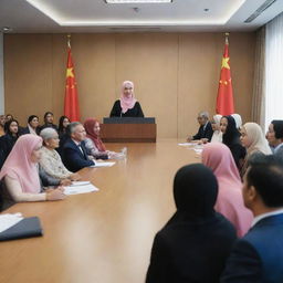 A highly realistic image of a Chinese boss in office attire, speaking at the front of a meeting room. The room is filled with attendees, including many Indian and Malay women in hijabs and Malay men. All attendees are seated. No flags present.