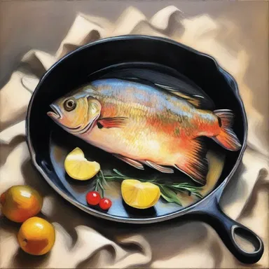 The artist painted a beautiful still life of a skillet fish on canvas.