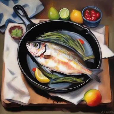 The artist painted a beautiful still life of a skillet fish on canvas.
