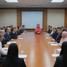 A highly realistic image of a Chinese boss in office attire, speaking at the front of a meeting room. The room is filled with attendees, including many Indian and Malay women in hijabs and Malay men. All attendees are seated. No flags present.