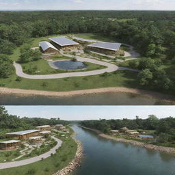 Generate a glamourous camping site on a 1-hectare land featuring a lobby building, a restaurant, a prayer room, and a service building. The structures should incorporate green architecture concepts. A river flows along the northern boundary.