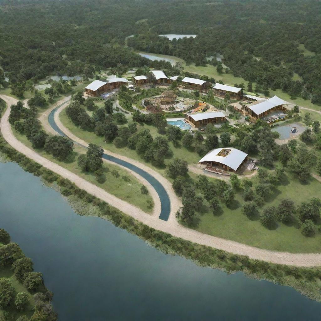 Generate a glamourous camping site on a 1-hectare land featuring a lobby building, a restaurant, a prayer room, and a service building. The structures should incorporate green architecture concepts. A river flows along the northern boundary.