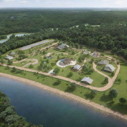 Generate a glamourous camping site on a 1-hectare land featuring a lobby building, a restaurant, a prayer room, and a service building. The structures should incorporate green architecture concepts. A river flows along the northern boundary.