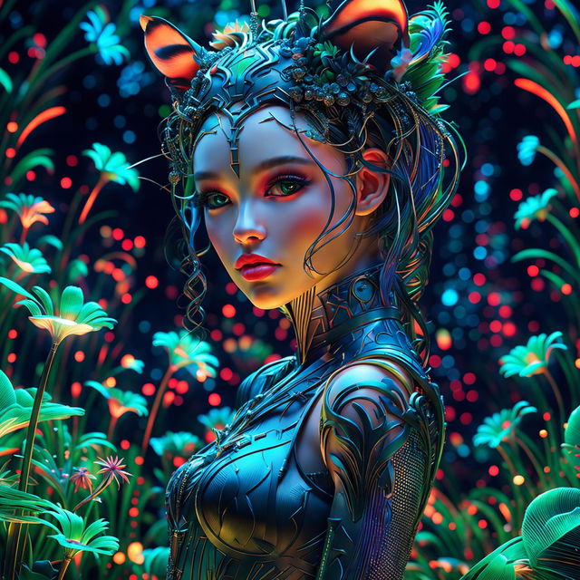 A close-up, hyper-realistic 3D photograph of a Rococo-inspired cyberpunk cat woman with pronounced feline features, facing left. She is surrounded by a fantasy aesthetic of bioluminescent flowers, vibrant colours, and stunning lighting effects.