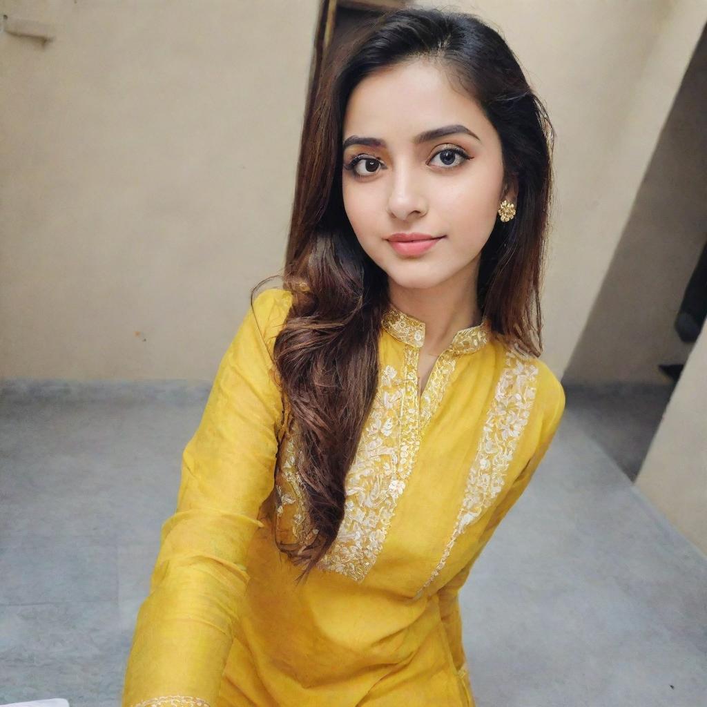 A beautiful girl taking a selfie wearing a yellow kurta and pants.