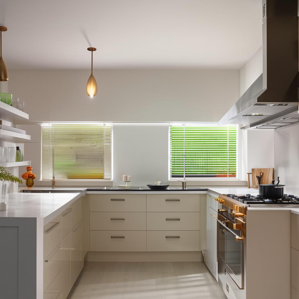 L-shaped kitchen interior with two small windows, delicate glass shutters, and a modern chimney, daylight ambiance.