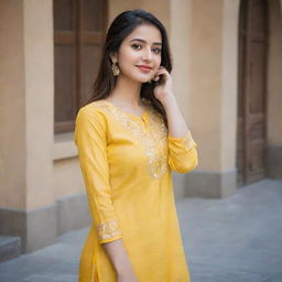 A beautiful girl taking a selfie wearing a yellow kurta and pants.