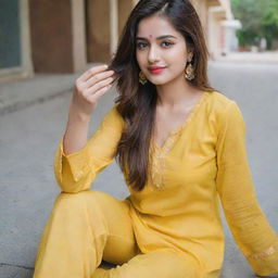 A beautiful girl taking a selfie wearing a yellow kurta and pants.