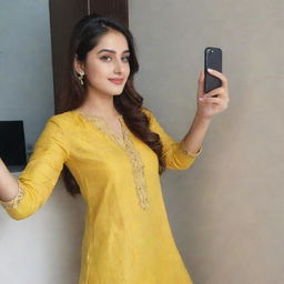 A beautiful girl taking a selfie wearing a yellow kurta and pants.