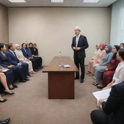 An ultra-realistic image of a Chinese male boss in office attire, presenting in a meeting room filled with many Indian and Malay women in hijabs and Malay men. All attendees are seated. The boss is the only one standing and speaking. No flags.