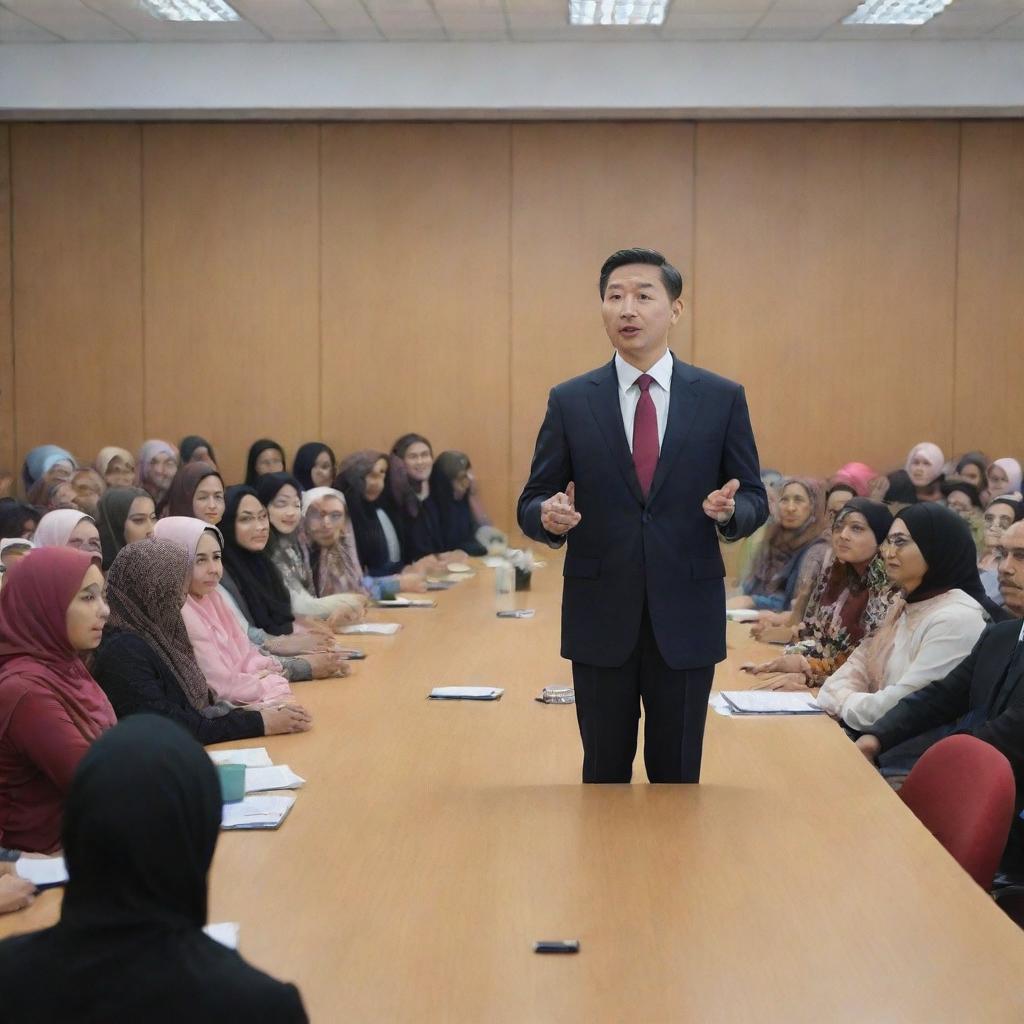 An ultra-realistic image of a Chinese male boss in office attire, presenting in a meeting room filled with many Indian and Malay women in hijabs and Malay men. All attendees are seated. The boss is the only one standing and speaking. No flags.