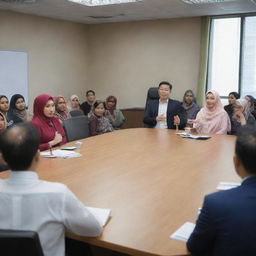 An ultra-realistic image of a Chinese male boss in office attire, presenting in a meeting room filled with many Indian and Malay women in hijabs and Malay men. All attendees are seated. The boss is the only one standing and speaking. No flags.