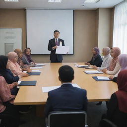 An ultra-realistic image of a Chinese male boss in office attire, presenting in a meeting room filled with many Indian and Malay women in hijabs and Malay men. All attendees are seated. The boss is the only one standing and speaking. No flags.