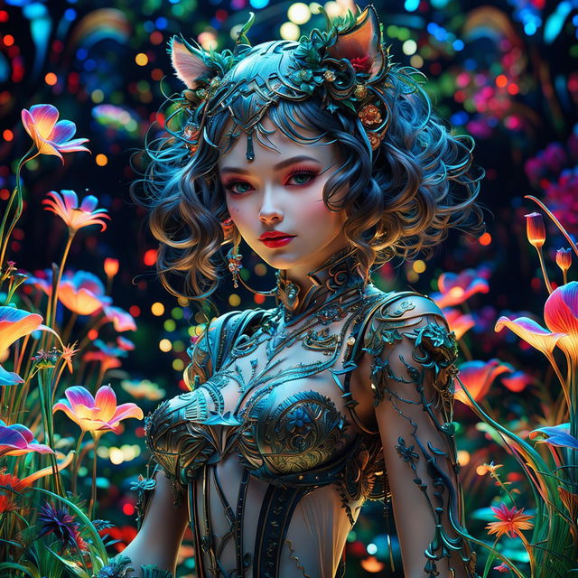 A close-up, hyper-realistic 3D photograph of a Rococo-inspired cyberpunk cat woman with pronounced feline features, facing forward. She is surrounded by a fantasy aesthetic of bioluminescent flowers, vibrant colours, and stunning lighting effects.