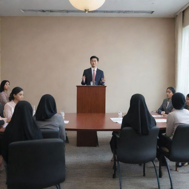 An ultra-realistic image of a Chinese male boss in formal office attire, presenting in a meeting room attended by numerous Indian and Malay women wearing hijabs and Malay men. All attendees are seated, while the boss alone stands and speaks. No flags are present.