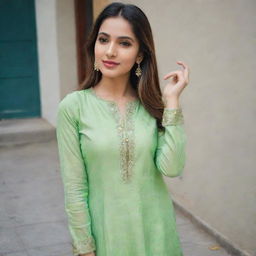 A beautiful girl taking a selfie in light green kurta and pants.