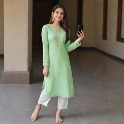 A beautiful girl taking a selfie in light green kurta and pants.