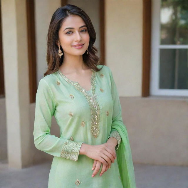 A beautiful girl taking a selfie in light green kurta and pants.