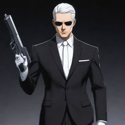 Formal man in black suit with short white hair, portrayed as a spy. His arms are replaced with cybernetic limbs, drawn in anime style.