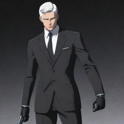 Formal man in black suit with short white hair, portrayed as a spy. His arms are replaced with cybernetic limbs, drawn in anime style.