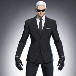 Formal man in black suit with short white hair, portrayed as a spy. His arms are replaced with cybernetic limbs, drawn in anime style.