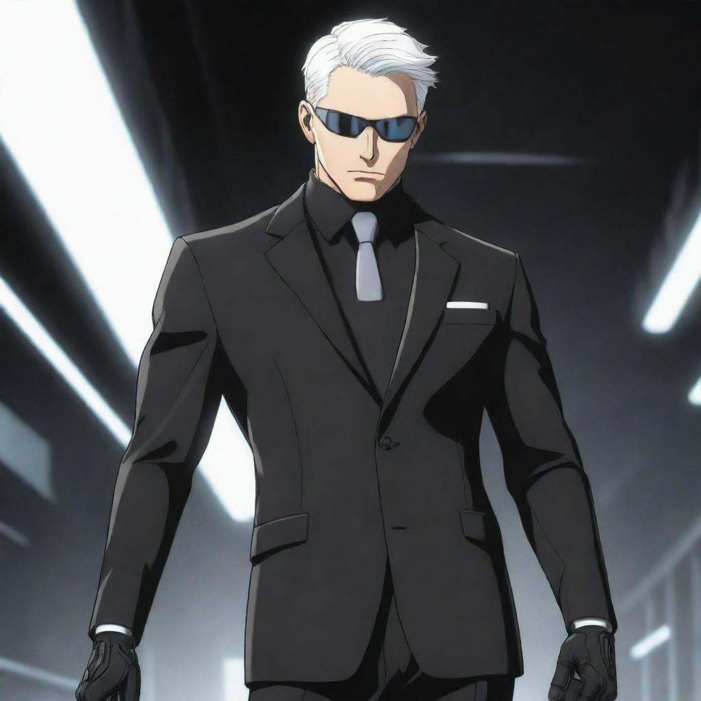 Formal man in black suit with short white hair, portrayed as a spy. His arms are replaced with cybernetic limbs, drawn in anime style.